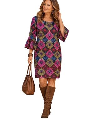 Chico’s Dress 3/4 Bell Sleeves Medallion Print Size 3 US XL Petite Colorful